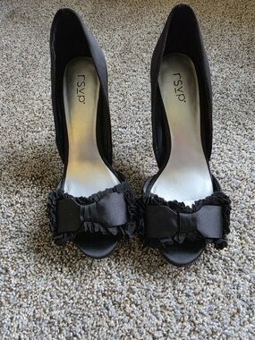 RSVP Black Satin Peep-Toe Heels with Bow Trim